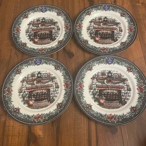 Royal stafford set 4 winter fireplace dinner plates